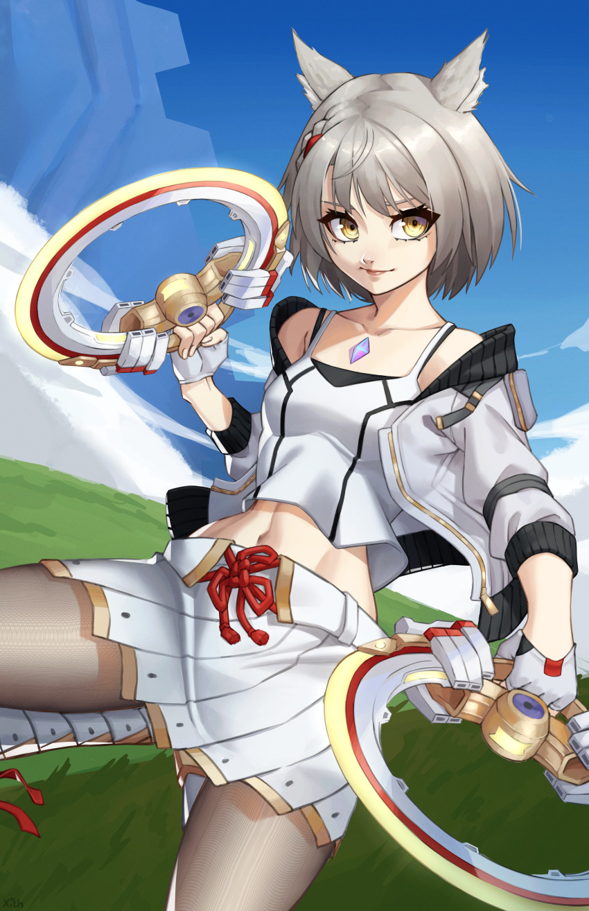 1girl absurdres animal_ears bangs breasts camisole cat_ears chakram chest_jewel collarbone highres jacket looking_at_viewer mio_(xenoblade) pantyhose pleated_skirt short_hair skirt sky small_breasts solo tank_top weapon white_camisole white_hair white_jacket white_skirt white_tank_top x_xith_x xenoblade_chronicles_(series) xenoblade_chronicles_3 yellow_eyes