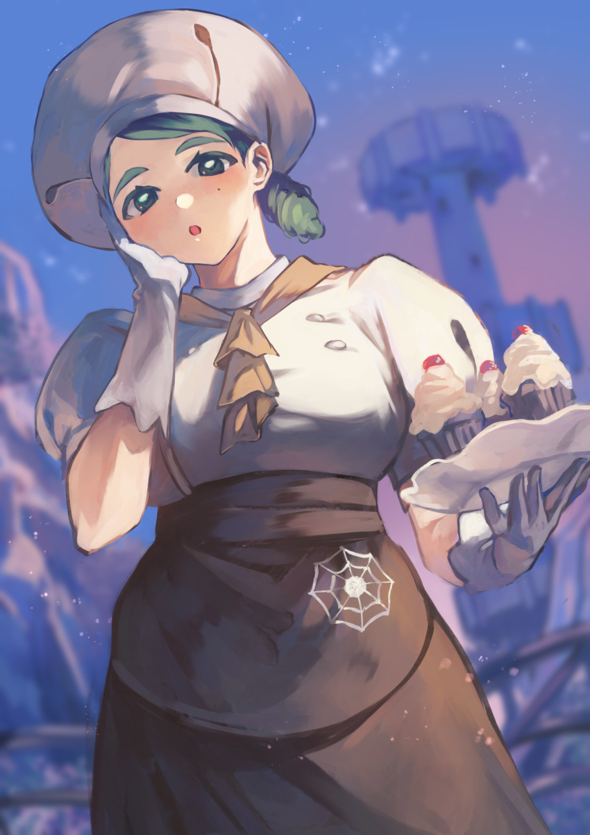 1girl :o apron ascot breasts brown_apron brown_ascot brown_skirt buttons commentary_request cupcake day food gloves green_eyes green_hair hand_up hat head_rest highres holding holding_plate katy_(pokemon) looking_at_viewer mole otsudou outdoors plate pokemon pokemon_(game) pokemon_sv puffy_sleeves shirt short_sleeves skirt solo spider_web_print white_gloves white_headwear white_shirt