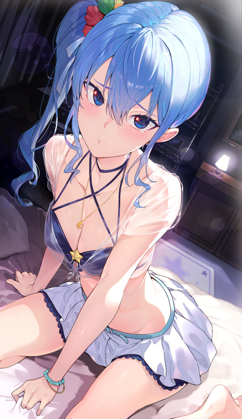 1girl :/ :t alternate_breast_size bangs bare_shoulders barefoot bead_bracelet beads bedroom belt bikini blue_bikini blue_eyes blue_hair blush bracelet breasts choker cleavage collarbone commentary_request gold_necklace hair_between_eyes hair_ornament highres hololive hoshimachi_suisei indoors jewelry kakage lamp lens_flare long_hair looking_at_viewer medium_breasts miniskirt necklace on_bed pout revision see-through side_ponytail sidelocks sitting skirt solo star_(symbol) star_in_eye swimsuit symbol_in_eye thighs virtual_youtuber wariza wavy_hair white_skirt