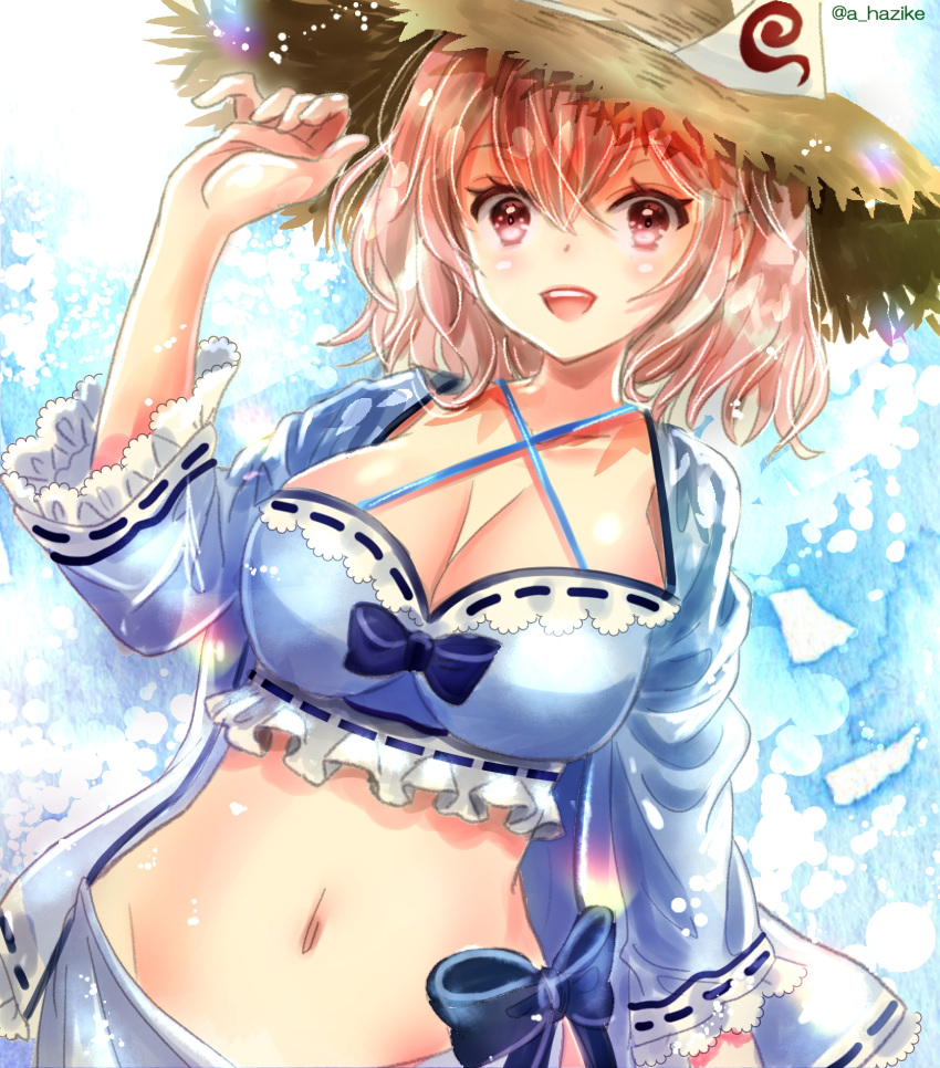 1girl bikini blue_bikini blue_kimono breasts brown_headwear cleavage groin hajike_akira highres japanese_clothes kimono large_breasts looking_at_viewer navel pink_eyes pink_hair saigyouji_yuyuko short_hair smile solo swimsuit teeth touhou triangular_headpiece twitter_username upper_teeth_only