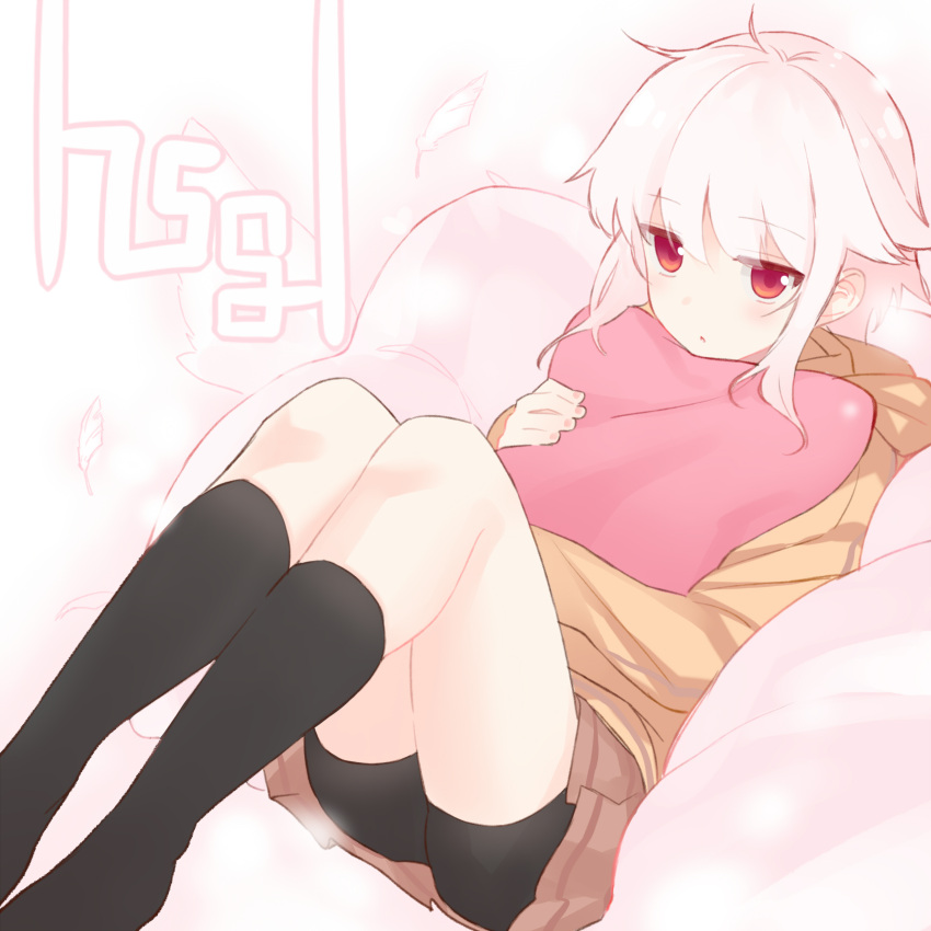 1girl absurdres bangs black_shorts black_socks closed_mouth highres long_sleeves looking_at_viewer lying on_back original pillow red_eyes short_hair shorts sidelocks socks solo white_hair yamane_akira