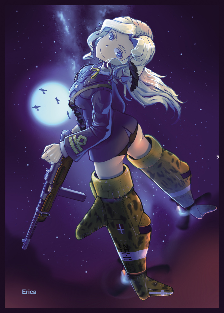 1girl aircraft airplane artist_name black_panties blonde_hair blue_eyes blue_jacket breasts carla_cugnasca erica_(naze1940) flying from_behind full_moon gun highres jacket long_hair long_sleeves looking_at_viewer looking_back medium_breasts military military_uniform milky_way moon night no_pants panties sky solo star_(sky) starry_sky strike_witches_(lionheart_witch) striker_unit submachine_gun underwear uniform weapon world_witches_series