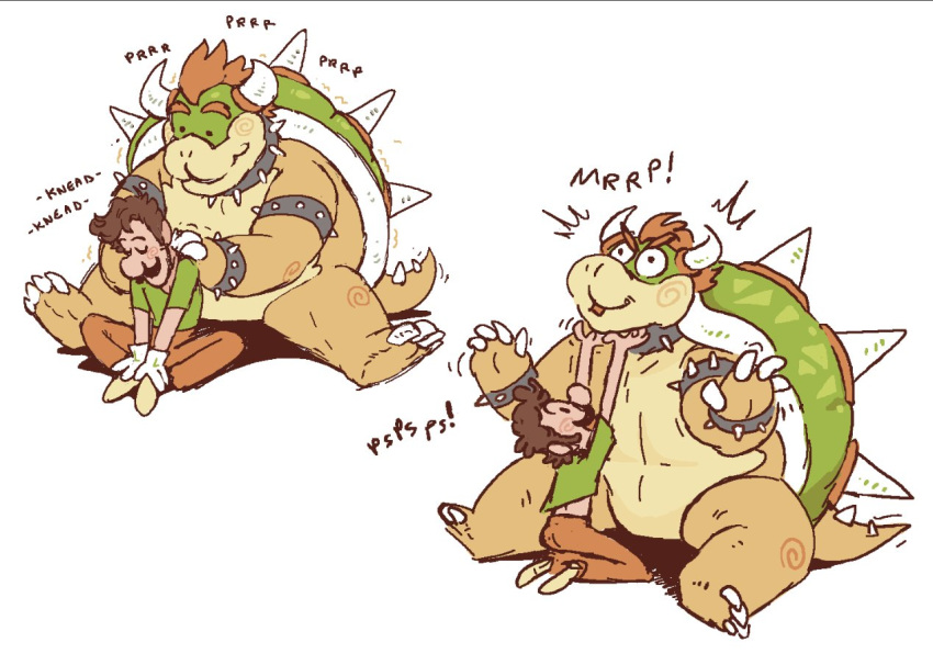 anthro bowser bracelet clothed clothing collar digital_media_(artwork) duo facial_hair gloves green_clothing green_shirt green_topwear hair hand_on_back hand_on_chin handwear horn human jewelry koopa luigi male male/male mammal mario_bros massage motion_lines mustache nintendo onomatopoeia purring scalie scritches shell shirt simple_background sitting size_difference sound_effects spiked_shell spikes spikes_(anatomy) starlitestud surprised_expression text topwear white_background