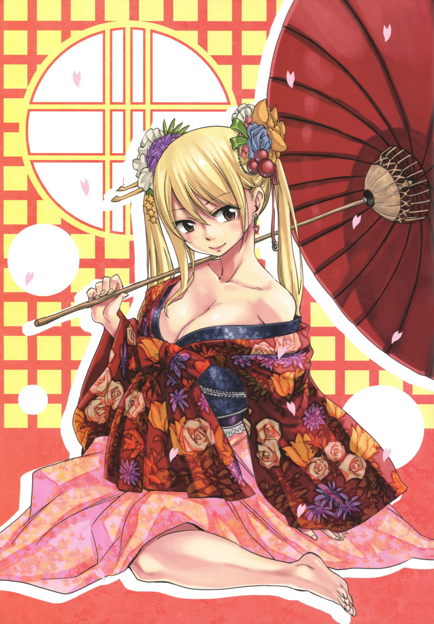 absurdres blonde_hair breasts brown_eyes cleavage fairy_tail falling_petals flower hair_flower hair_ornament highres japanese_clothes kneeling long_hair looking_at_viewer lucy_heartfilia mashima_hiro official_art oil-paper_umbrella parasol petals twintails umbrella