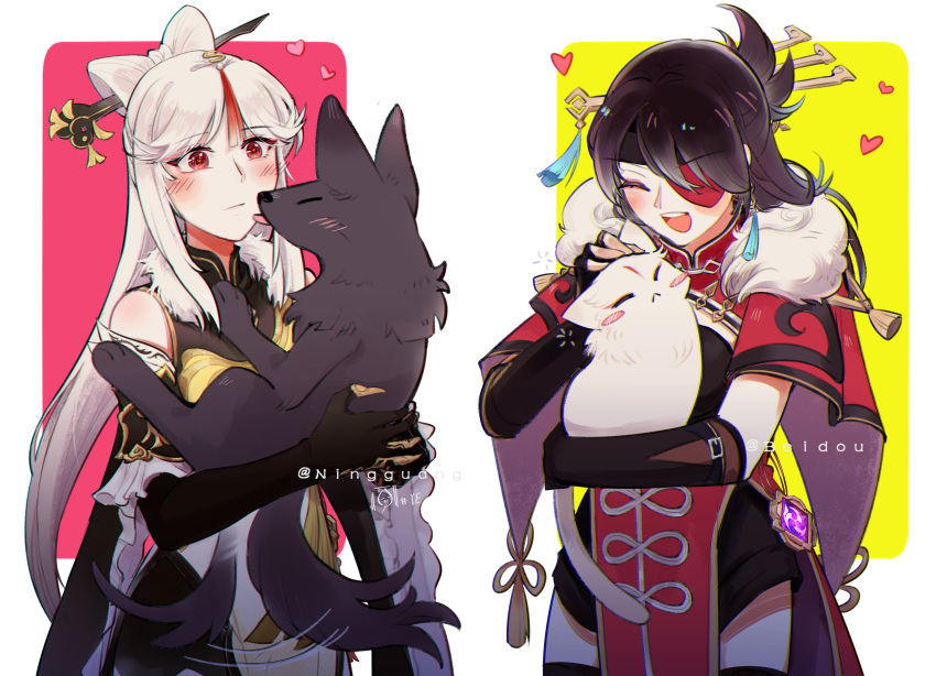 2girls absurdres bangs beidou_(genshin_impact) black_dog black_gloves black_hair blush boots cat china_dress chinese_clothes claw_ring closed_eyes closed_mouth colored_eyepatch detached_sleeves dress elbow_gloves eyepatch fur_collar genshin_impact gloves hair_ornament hair_stick hairpin heart highres holding long_hair multiple_girls ningguang_(genshin_impact) one_eye_covered open_mouth parted_bangs petting pink_background red_eyes sidelocks smile tassel tassel_hair_ornament thigh_boots tongue tongue_out vision_(genshin_impact) white_cat white_dress white_hair ye_(1179164913) yellow_background yuri