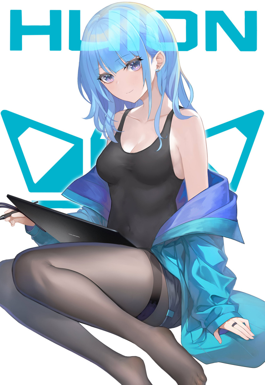 1girl bangs bare_shoulders blue_hair breasts cleavage covered_navel eyebrows_hidden_by_hair feet hair_between_eyes highres holding huion jewelry leg_belt legs looking_at_viewer no_shoes official_art original pupps purple_eyes ring short_hair shorts sitting sleeveless smile solo thighhighs thighs toes