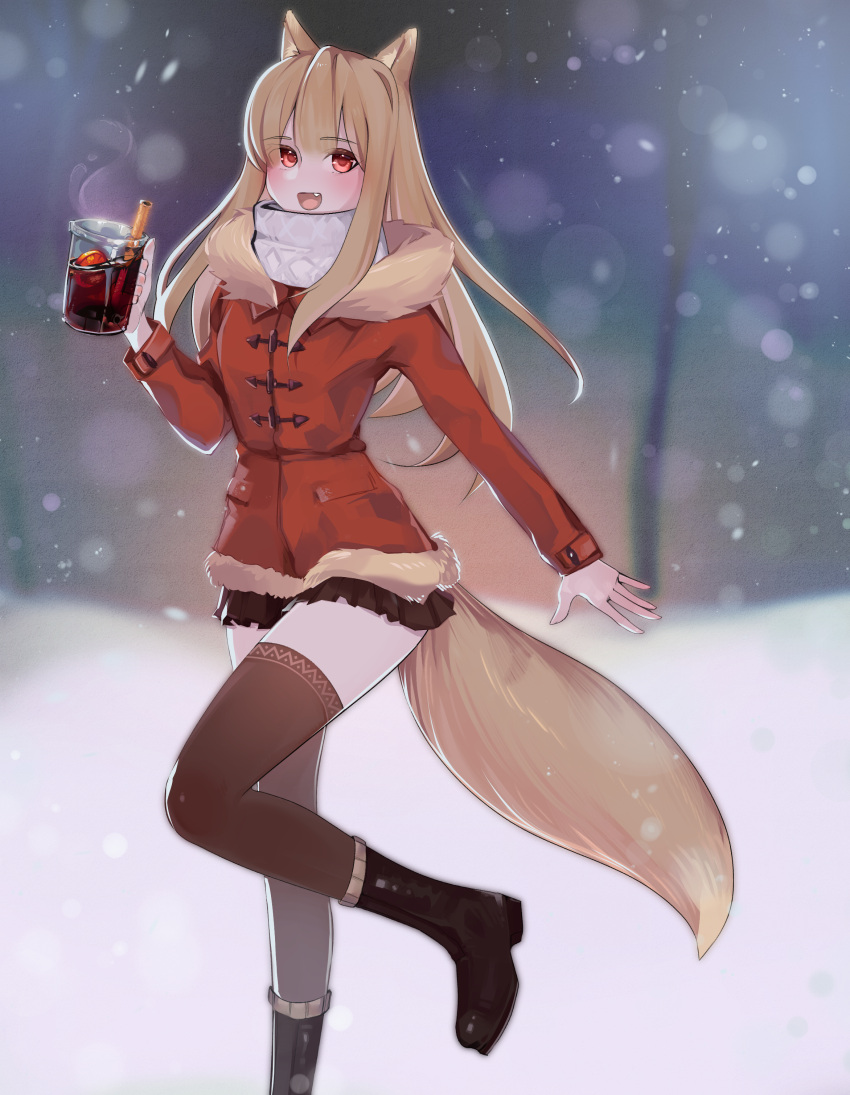 absolute_territory absurd_res alcohol alcoholic_drink animal_ears animal_humanoid beverage black_boots black_clothing black_footwear black_legwear black_stockings blonde_hair boots canid canid_humanoid canine canine_humanoid cinnamon_(spice) clothing coat erroten feet female footwear fox fox_ears hair hi_res holo_(spice_and_wolf) hot_drink humanoid humanoid_feet humanoid_hands legwear mammal mammal_humanoid mulled_wine plantigrade red_clothing red_coat red_eyes red_topwear scarf smile smiling_at_viewer snow solo spice_and_wolf stockings tail topwear white_scarf wine winter