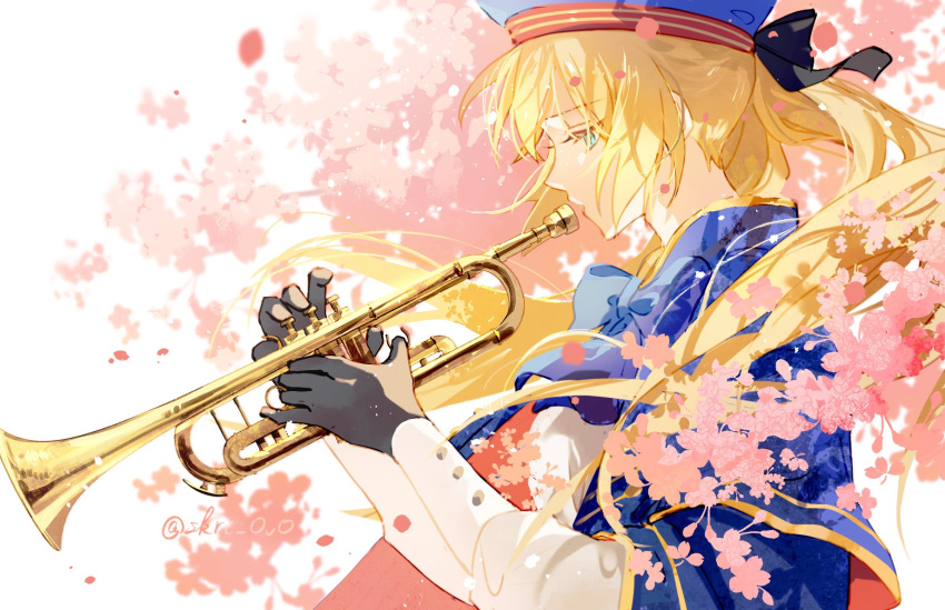 1girl artoria_caster_(fate) artoria_caster_(second_ascension)_(fate) artoria_pendragon_(fate) black_bow black_gloves blue_bow blue_bowtie blue_cape blue_headwear bow bowtie cape cherry_blossoms commentary dress fate/grand_order fate_(series) floating_hair flower from_side gloves green_eyes hair_bow hat highres instrument long_hair long_sleeves music petals pink_flower playing_instrument profile red_cape sakuramochi1003 saxophone solo twintails twitter_username two-tone_cape white_dress