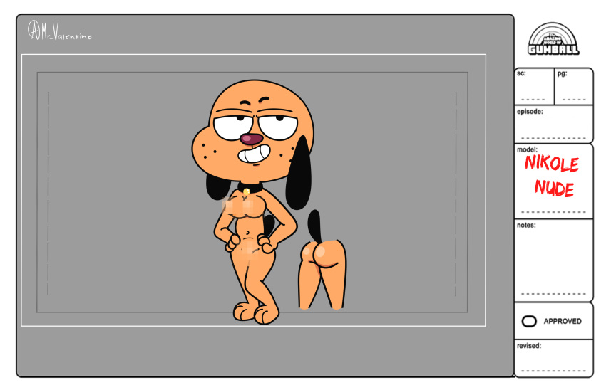 absurd_res beagle black_ears black_tail butt canid canine canis cartoon_network censored collar dog_tags domestic_dog english_text fan_character female fur hands_on_hips hi_res hunting_dog mammal model_sheet mr_valentine00 narrowed_eyes nikole_wheelson_(mr_valentine00) nude orange_body orange_fur paper_sheet pixelated rear_view scent_hound smile solo tail text the_amazing_world_of_gumball