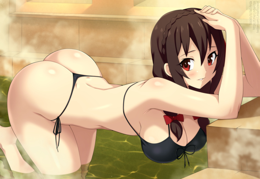 1girl arm_support ass bangs bare_shoulders bikini black_bikini blush bow braid breasts brown_hair commission dimples_of_venus english_commentary from_side hair_between_eyes hair_bow hands_up hanging_breasts kono_subarashii_sekai_ni_shukufuku_wo! large_breasts lindaroze looking_at_viewer parted_lips red_bow red_eyes shiny_skin solo steam swimsuit thighs thong_bikini twisted_torso twitter_username water watermark web_address yunyun_(konosuba)