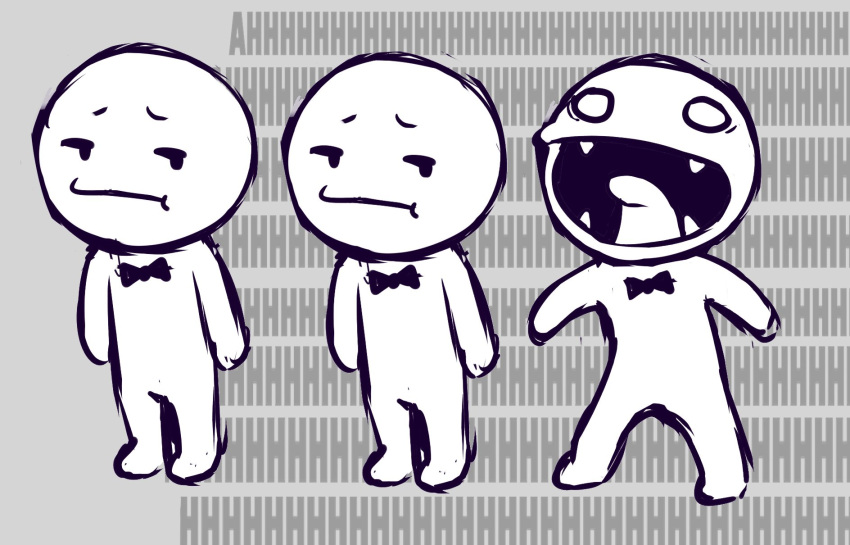 ambiguous_gender arms_out bow_tie cataxdrk2020 chorus_kid cute_fangs grey_background group hi_res humanoid looking_at_another open_mouth rhythm_heaven screaming simple_background sketch text trio wide_eyed wide_stance