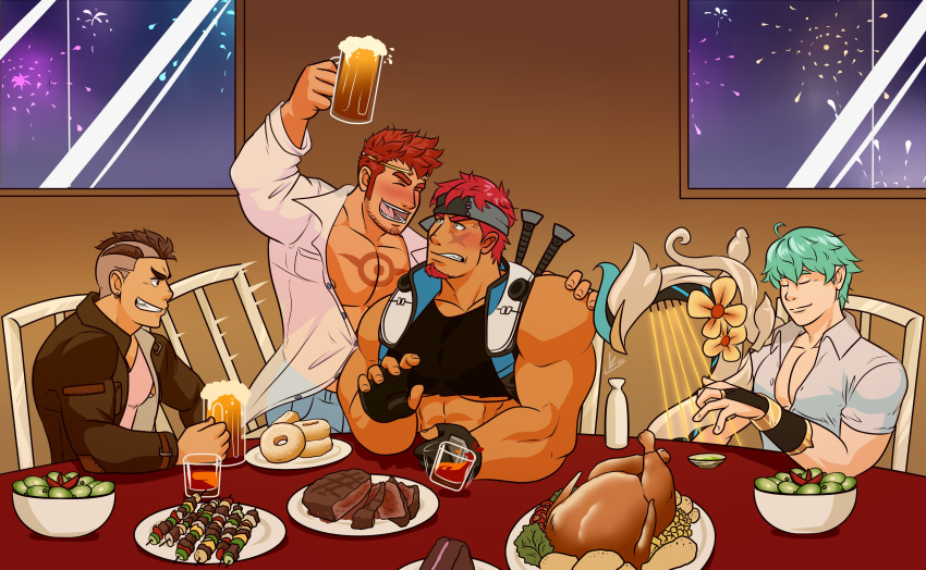 4boys abs absurdres alcohol beer beer_mug biceps brown_hair chair chest_tattoo closed_eyes crop_top cup diadem doughnut facial_hair fingerless_gloves food gany_(gyee) gloves green_eyes green_hair gyee harp headband highres instrument jacket k0utato kong_(gyee) large_pectorals leather leather_jacket looking_at_another male_focus manly mature_male meat mohawk mug multiple_boys muscular muscular_male music musso_(gyee) open_mouth partially_unbuttoned pectorals plate playing_instrument red_hair sake salad salad_bowl scar shirt smile smirk spiked_hair stubble table tattoo teeth thick_arms tight tight_shirt tongue turkey_(food) undercut upper_body voh_(gyee) whiskey