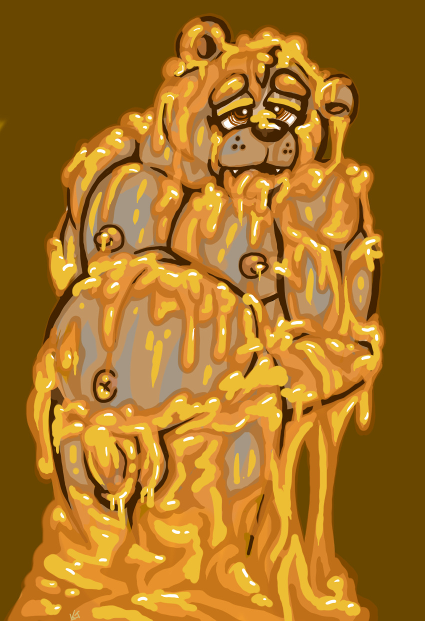 animal_humanoid anthro bdsm bear belly belly_overhang big_nipples bondage bound chastity_bulge chastity_device chubby_anthro chubby_male cocooned dazed drained dripping encasement flustered food goo_creature hi_res honey_(food) humanoid hypnosis hypnotic_eyes kyriecurry male mammal mammal_humanoid mind_control mummified musclegut navel nipples overweight overweight_male slime slime_bondage solo solo_focus sticky stuck syrup ursid_humanoid