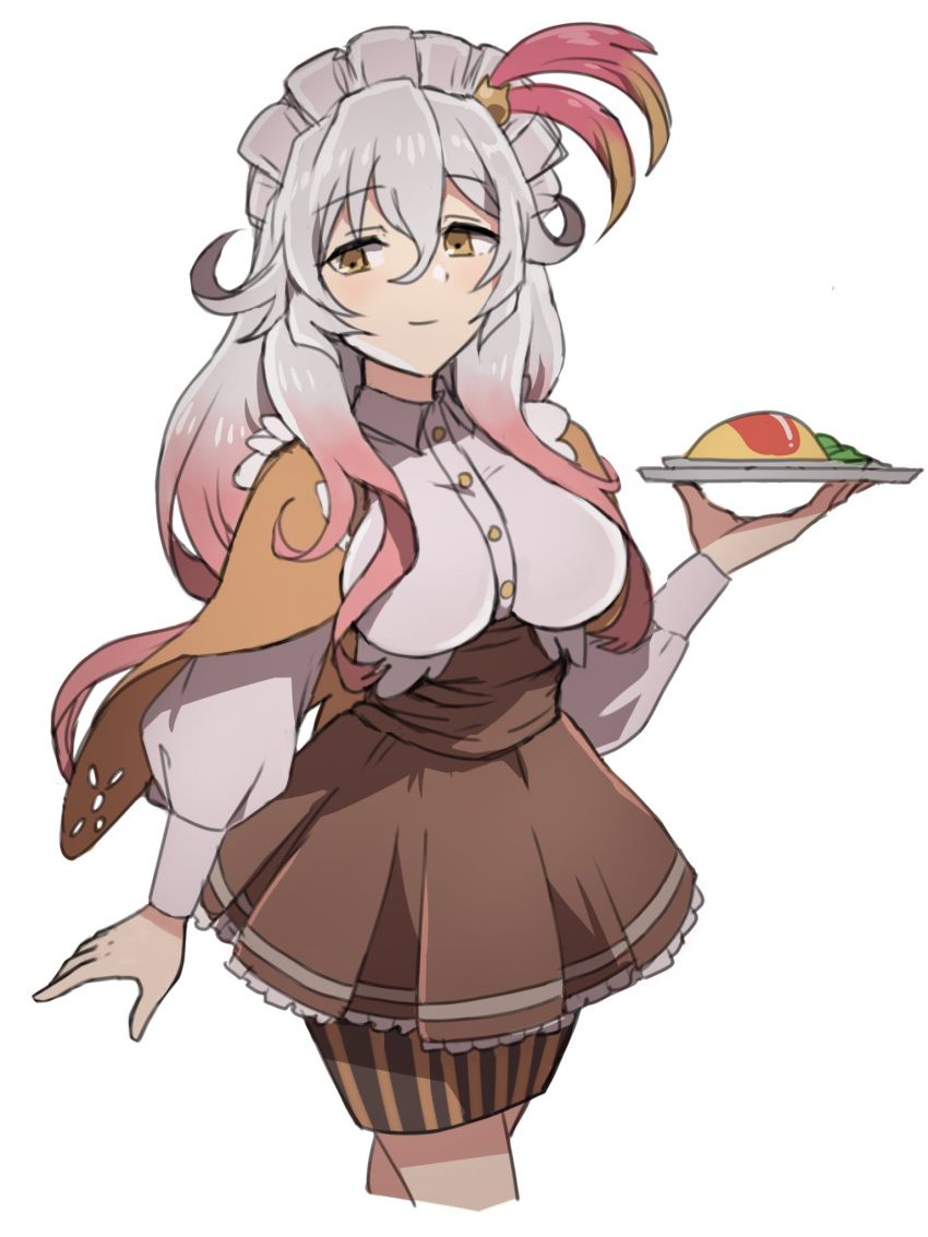 1girl apo_518 apron bangs breasts brown_apron buttons cape closed_mouth collared_shirt elsje_(rune_factory) food gradient_hair grey_hair hair_between_eyes hand_up highres holding holding_plate ketchup large_breasts long_hair long_sleeves maid_headdress multicolored_hair omelet orange_cape pink_hair plate rune_factory rune_factory_5 shirt simple_background single_horizontal_stripe skirt smile solo striped striped_skirt two-tone_hair underbust vertical-striped_skirt vertical_stripes waist_apron wavy_hair white_background white_shirt yellow_eyes