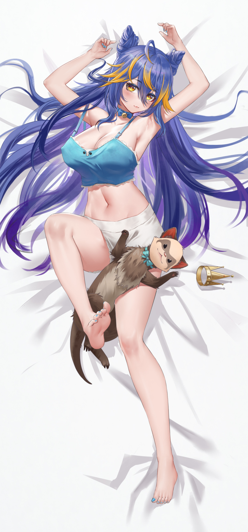 1girl :3 absurdres ahoge animal armpits arms_up bangs bare_arms bare_shoulders barefoot bed_sheet bell between_legs blonde_hair blue_bow blue_bowtie blue_bra blue_hair blue_nails bow bowtie bra breasts cleavage closed_mouth cone_hair_bun crop_top crown crown_removed double_bun feet ferret foot_up from_above full_body hair_between_eyes hair_bun highres indie_virtual_youtuber jingle_bell kiki_(vtuber) large_breasts legs linea_alba long_hair looking_at_viewer lying mascot midas_(vtuber) multicolored_hair nail_polish navel neck_bell on_back purple_hair short_shorts shorts sidelocks simple_background soles solo stomach strap_slip streaked_hair thighs toenail_polish toenails toes tu_er_tm underwear very_long_hair virtual_youtuber white_background white_shorts