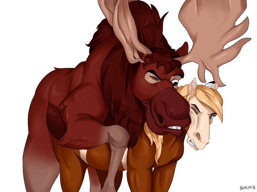 accessory antlers blonde_hair blue_eyes brother_bear brown_body brown_fur brown_hair capreoline clenched_teeth crossover deer disney dreamworks duo equid equine feather_in_hair feathers female female_penetrated feral feral_on_feral feral_penetrated feral_penetrating feral_penetrating_feral from_behind_position front_view fur hair hair_accessory hi_res horn horse interspecies larger_male male male/female male_penetrating male_penetrating_female mammal moose mounting nuzzling one_eye_closed penetration question_mark rain_(cimarron) sempers sex simple_background size_difference smaller_female spirit:_stallion_of_the_cimarron teeth tuke_(brother_bear) white_background