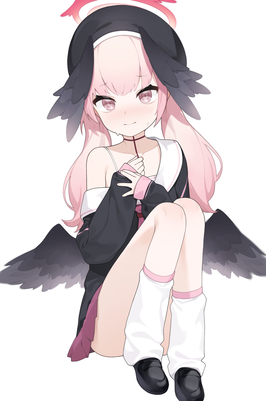 1girl absurdres bare_shoulders beret black_wings blue_archive blush commentary_request convenient_leg feathered_wings halo hat highres kneehighs koharu_(blue_archive) long_hair looking_at_viewer mokew off_shoulder pink_eyes pink_hair simple_background sitting sleeves_past_wrists socks solo sweat twintails white_background white_socks wings