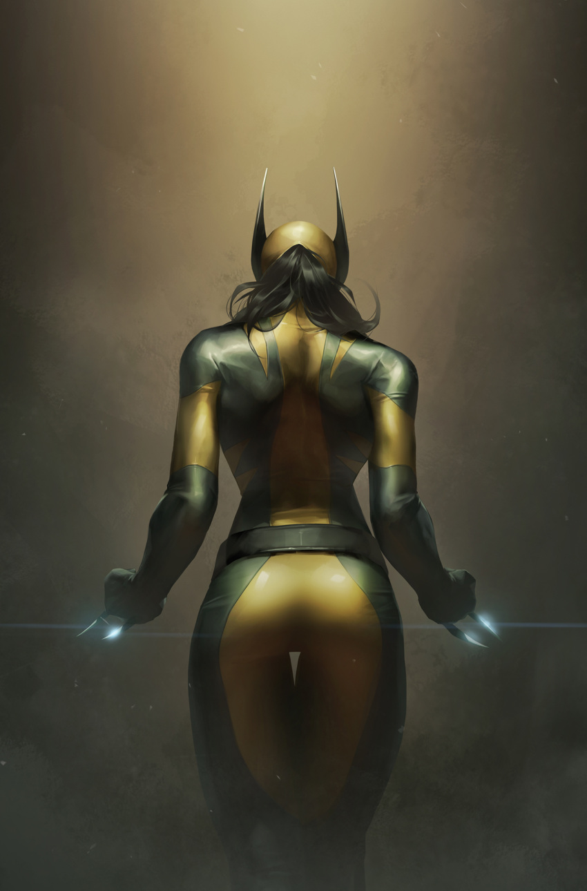 1girl ass belt black_belt black_hair blue_bodysuit bodysuit brown_background claws commentary cowboy_shot facing_away glint hands_up head_down highres jee-hyung_lee laura_kinney long_hair marvel mask multicolored_clothes official_art smoke solo standing thigh_gap two-tone_bodysuit wolverine x-23 x-men yellow_bodysuit