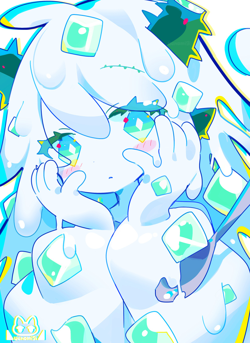 1girl absurdres bangs blush bright_pupils closed_mouth colored_eyelashes diamond-shaped_pupils diamond_(shape) green_eyes hands_on_own_cheeks hands_on_own_face highres light_frown looking_at_viewer monster_girl original slime_(substance) slime_girl solo symbol-shaped_pupils uenomigi upper_body white_pupils yogurt