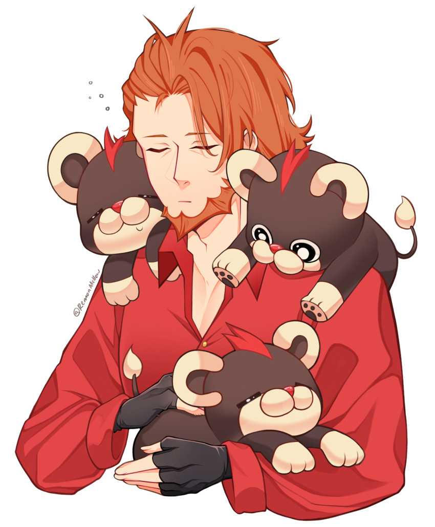 1boy beard black_gloves brown_fur closed_eyes closed_mouth facial_hair fingerless_gloves gloves hair_down highres holding holding_pokemon lion_tail litleo lysandre_(pokemon) male_focus on_shoulder orange_hair pokemon pokemon_(creature) pokemon_(game) pokemon_on_shoulder pokemon_xy red_fur remonmellow simple_background sleepy tail twitter_username upper_body white_background