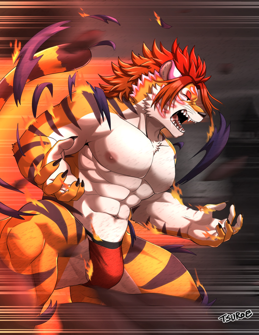 abs absurd_res anthro balls balls_slip bulge burning_clothing chuurow clothing felid fire fur genitals hair hi_res lifewonders male mammal muscular muscular_anthro muscular_male nipples nomad_(tas) pantherine pecs red_hair solo striped_body striped_fur stripes tiger tokyo_afterschool_summoners underwear