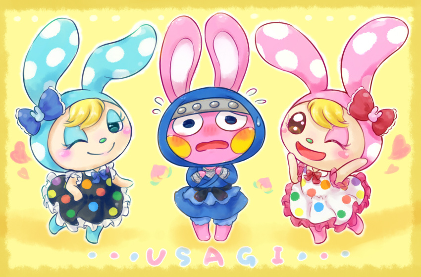 1boy 2girls adapted_costume alternate_costume animal_crossing animal_ears animal_nose arm_up bangs barefoot black_dress blonde_hair bloomers blue_bloomers blue_bow blue_bowtie blue_eyes blue_eyeshadow blue_fur blue_kimono blush blush_stickers body_fur border bow bowtie brown_eyes chrissy_(animal_crossing) closed_mouth collared_dress commentary_request crossdressing dress embarrassed eyeshadow flat_chest flying_sweatdrops food francine_(animal_crossing) frilled_bow frilled_dress frills fruit full_body hair_bow half-closed_eye hand_up hands_up happy heart highres hood hood_up japanese_clothes kimono leg_up long_sleeves looking_at_viewer makeup multiple_girls nose_blush one_eye_closed open_mouth outline peach pink_eyeshadow pink_fur rabbit_boy rabbit_ears rabbit_girl red_bow red_bowtie romaji_text sash shii_(no-va_could) short_hair short_kimono sleeveless sleeveless_dress smile snake_(animal_crossing) split_mouth standing standing_on_one_leg straight-on sweat swept_bangs translated underwear white_outline wide-eyed yellow_background yellow_border