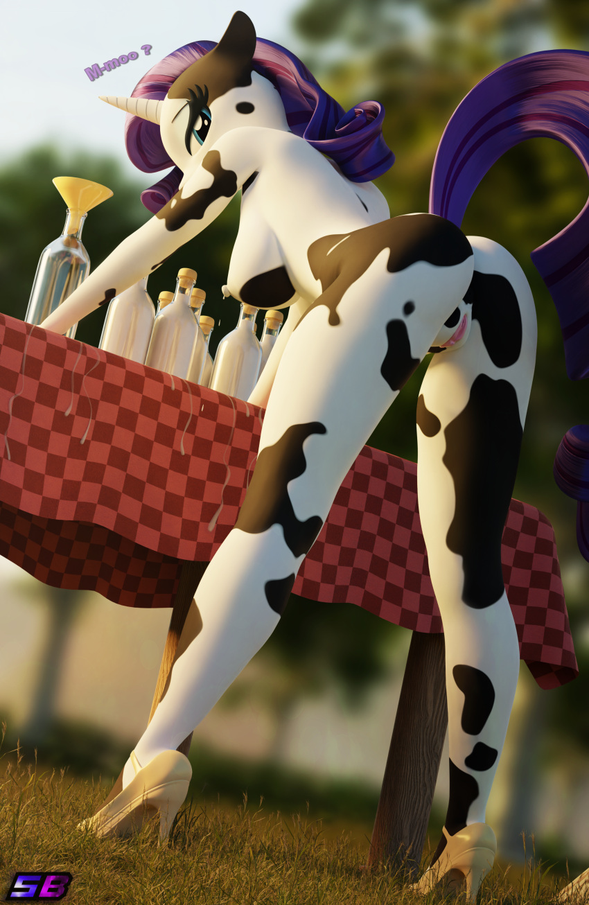 3d_(artwork) absurd_res anthro anthrofied blue_eyes bodily_fluids bottle breasts clothing container dialogue digital_media_(artwork) english_text equid equine footwear friendship_is_magic funnel genitals grass hasbro hi_res high_heels horn lactating mammal milk milk_bottle my_little_pony plant pussy raricow_(mlp) rarity_(mlp) shadowboltsfm text unicorn