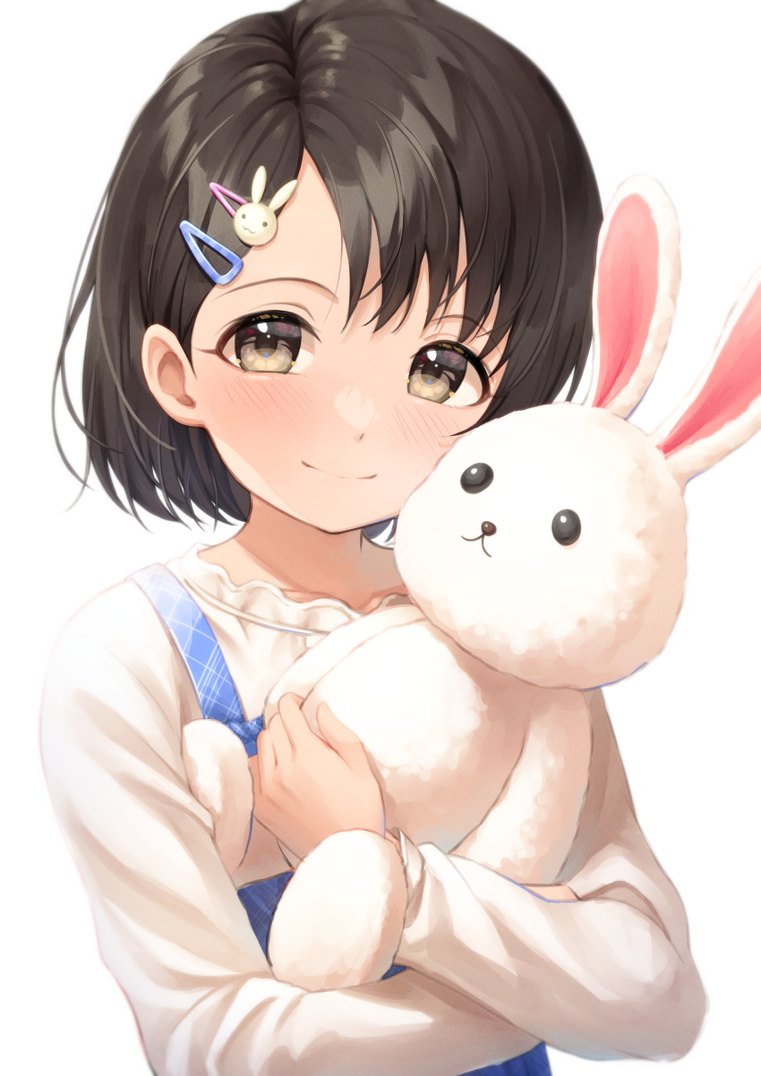 1girl absurdres black_hair blush doll_hug hair_ornament hairclip highres idolmaster idolmaster_cinderella_girls looking_at_viewer object_hug sasaki_chie short_hair simple_background smile solo stuffed_animal stuffed_bunny stuffed_toy tsunenorip upper_body white_background