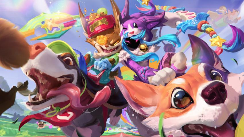 1girl 2boys :d absurdres animal animal_costume bell body_fur bow_(weapon) cats_vs_dogs_kindred cats_vs_dogs_kled corgi_corki corki dog dog_costume eyepatch faceless faceless_female flying gloves green_hair highres holding holding_bow_(weapon) holding_weapon kindred_(league_of_legends) kled kog'maw lamb_(league_of_legends) league_of_legends long_hair long_sleeves looking_at_viewer multiple_boys neck_bell official_art open_mouth pajamas pink_eyes pug'maw rainbow red_headwear running sharp_teeth shiny_hair short_sleeves smile star_(symbol) teeth tongue weapon