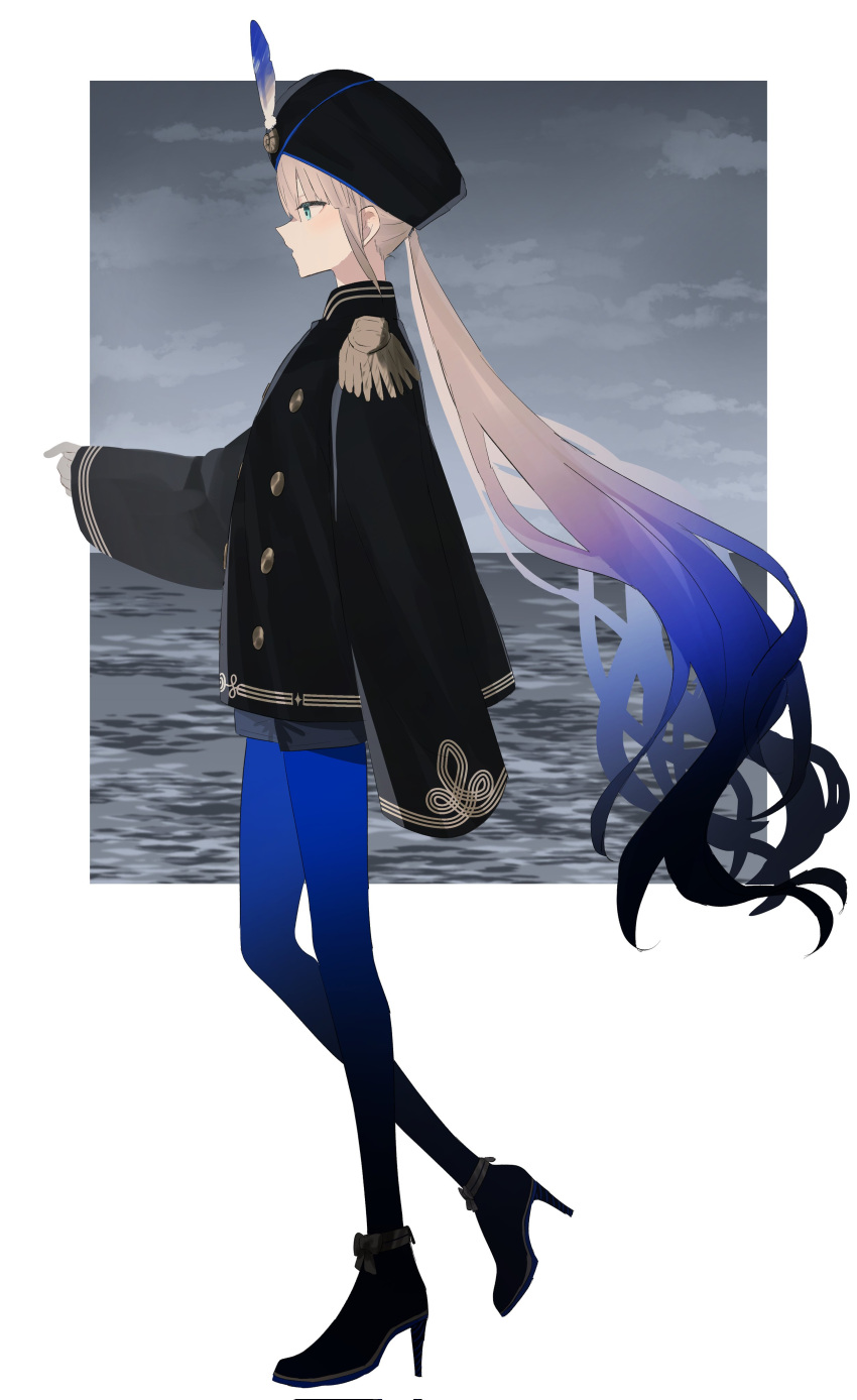 1boy absurdres bangs black_coat black_pantyhose black_shorts blue_eyes blue_hair blue_pantyhose border buttons captain_nemo_(fate) coat epaulettes fate/grand_order fate_(series) full_body gold_trim gradient gradient_hair gradient_legwear hat_feather high_heels highres light_brown_hair long_sleeves low_twintails military military_uniform multicolored_hair naval_uniform ne_f_g_o nemo_(fate) ocean open_mouth outside_border overcast pantyhose pointing pointing_forward profile short_shorts shorts sleeves_past_fingers sleeves_past_wrists solo turban twintails uniform walking white_border