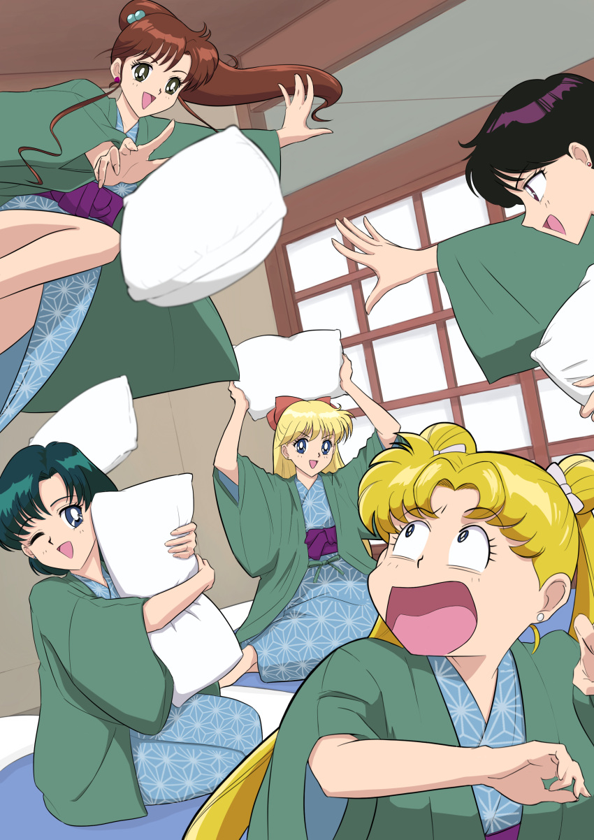 absurdres aino_minako bangs barefoot bishoujo_senshi_sailor_moon black_hair blonde_hair blue_eyes blue_hair blue_kimono bow brown_hair coat dj_jdite double_bun earrings flower_earrings green_coat green_eyes hair_bobbles hair_bow hair_bun hair_ornament highres hino_rei indoors japanese_clothes jewelry kimono kino_makoto long_hair medium_hair mizuno_ami obi parted_bangs pillow_fight ponytail purple_eyes purple_sash red_bow sash short_hair sidelocks stud_earrings swept_bangs tsukino_usagi very_long_hair wide_sleeves