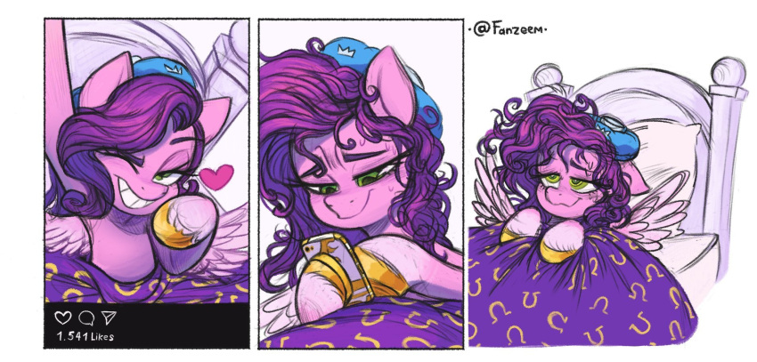 &lt;3 bed cellphone comic equid equine fanzeem fur furniture green_eyes hair hasbro hi_res hooves icepack ill mammal mlp_g5 my_little_pony pegasus phone pipp_petals_(mlp) purple_body purple_fur purple_hair selfie smartphone smile spread_wings under_covers wings