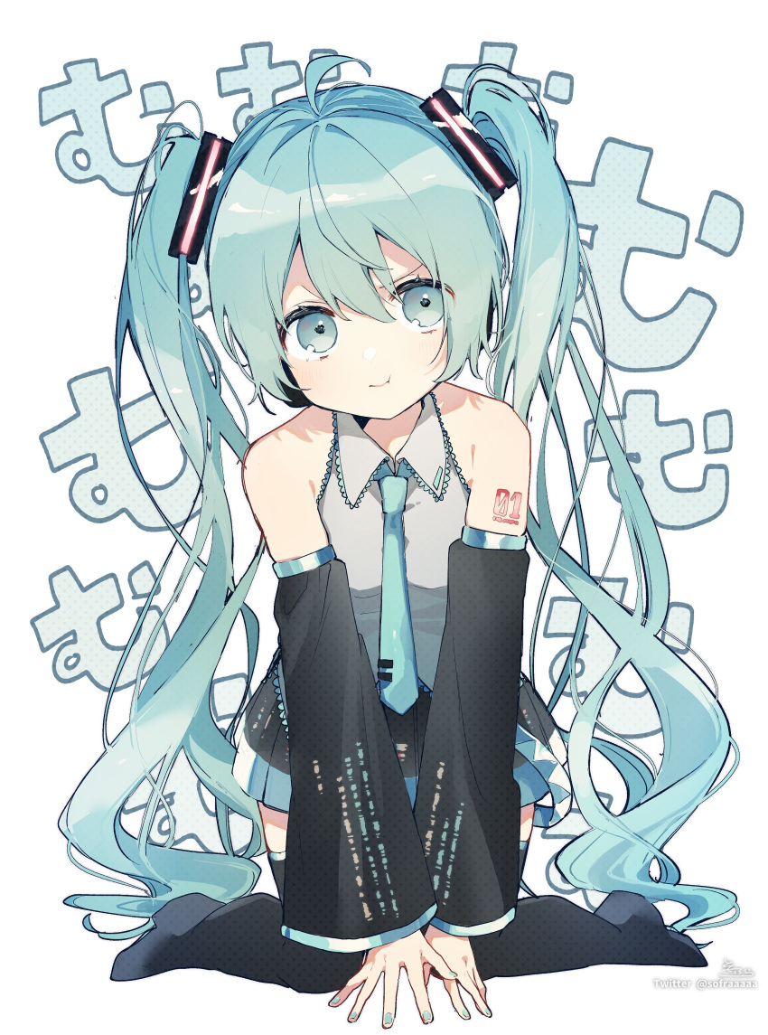 1girl :t absurdres ahoge aqua_eyes aqua_hair aqua_nails aqua_necktie background_text bangs bare_shoulders black_skirt black_sleeves black_thighhighs closed_mouth collared_shirt commentary_request detached_sleeves grey_shirt hair_between_eyes hatsune_miku highres kneeling long_hair long_sleeves nail_polish necktie no_shoes pleated_skirt pout shirt simple_background skirt sleeveless sleeveless_shirt sofra solo thighhighs tie_clip translation_request twintails v-shaped_eyebrows very_long_hair vocaloid white_background wide_sleeves