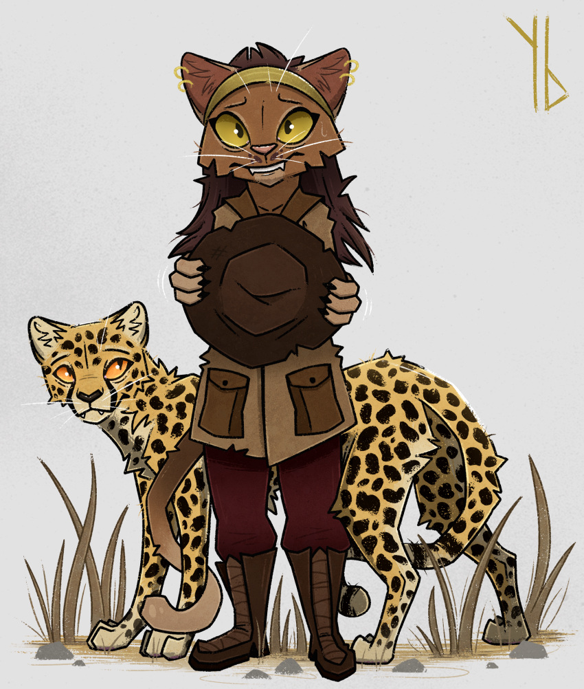 accessory anthro armor boots cheetah clothing duo felid feline female feral footwear fur hair_accessory hairband headgear helmet hi_res mammal nervous orange_sclera pith_helmet safari_shirt smile smiling_at_viewer standing tan_body tan_fur yaldabroth yellow_body yellow_fur yellow_sclera