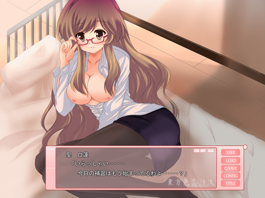 1girl adjusting_glasses bed bespectacled breasts brown_eyes contemporary fake_screenshot female glasses gradient_hair highres hijiri_byakuren indoors large_breasts long_hair multicolored_hair nagatsuki_rio nipples open_clothes open_shirt panties pantyhose pantyshot shirt skirt solo teacher touhou translated underwear white_panties white_shirt