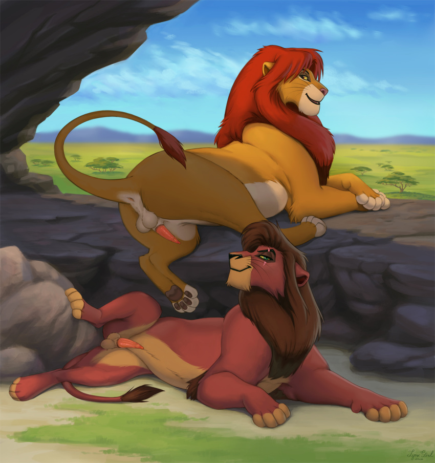 anatomically_correct anatomically_correct_genitalia anatomically_correct_penis animal_genitalia animal_penis anus balls brown_body brown_fur brown_hair butt disney duo elbow_tuft eye_scar facial_scar felid feline_penis feral fur genitals hair hi_res kovu lion looking_at_viewer lying male mammal pantherine penis presenting reallynxgirl red_hair rock savanna scar seductive simba smile tail tail_tuft the_lion_king tuft whiskers yellow_body yellow_fur