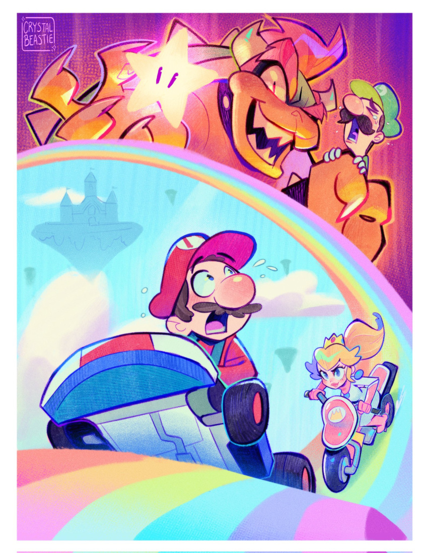 &gt;_&lt; 1girl 1other 3boys artist_name blonde_hair blue_eyes bowser brown_hair claws crown crying crystalbeastie driving earrings facial_hair floating_island green_headwear hat highres horns in_palm jewelry lower_teeth_only luigi luma_(mario) mario mario_(series) multiple_boys mustache on_motorcycle open_mouth orange_hair ponytail princess_peach rainbow red_headwear sharp_teeth short_hair sweat tears teeth wide-eyed