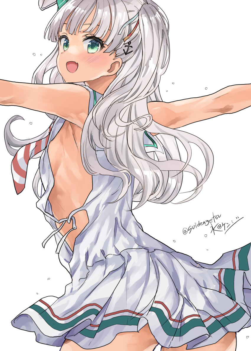1girl absurdres anchor_hair_ornament artist_name bad_anatomy blush cowboy_shot dress green_eyes grey_hair hair_ornament highres kantai_collection long_hair maestrale_(kancolle) mizuta_kenji neckerchief one-hour_drawing_challenge open_mouth signature simple_background sleeveless sleeveless_dress smile solo twitter_username white_background white_dress