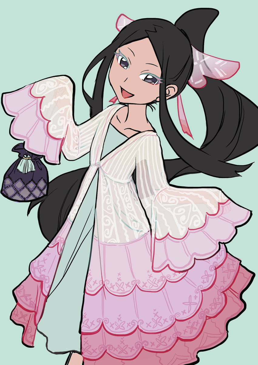 1girl :d alternate_costume black_hair coat collarbone colored_eyelashes commentary dress elizabeth_(tomas21) green_background green_dress grey_eyes hair_ribbon highres long_hair long_sleeves looking_at_viewer open_mouth pokemon pokemon_(game) pokemon_xy ponytail pouch ribbon sidelocks simple_background sleeves_past_fingers sleeves_past_wrists smile solo valerie_(pokemon)