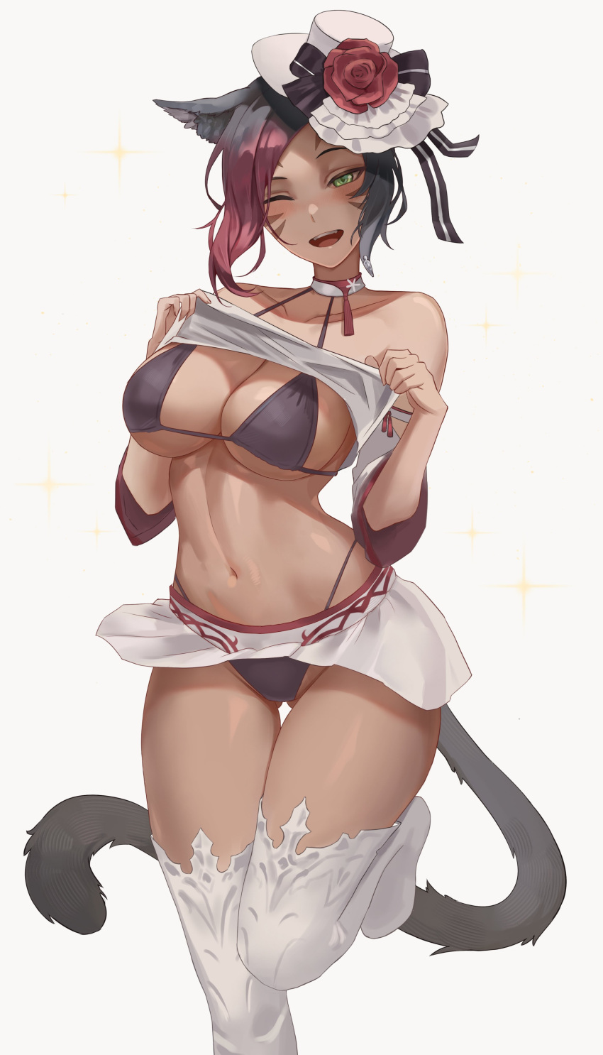 1girl absurdres animal_ears avatar_(ff14) bandeau_lift bare_shoulders bikini bikini_under_clothes black_bikini black_hair blush breasts cat_ears cat_tail clothes_lift detached_sleeves facial_mark final_fantasy final_fantasy_xiv green_eyes hat highres large_breasts looking_at_viewer marie_makise meowrim miqo'te multicolored_hair navel one_eye_closed open_mouth short_hair skirt skirt_lift solo swimsuit tail thighhighs two-tone_hair whisker_markings white_thighhighs