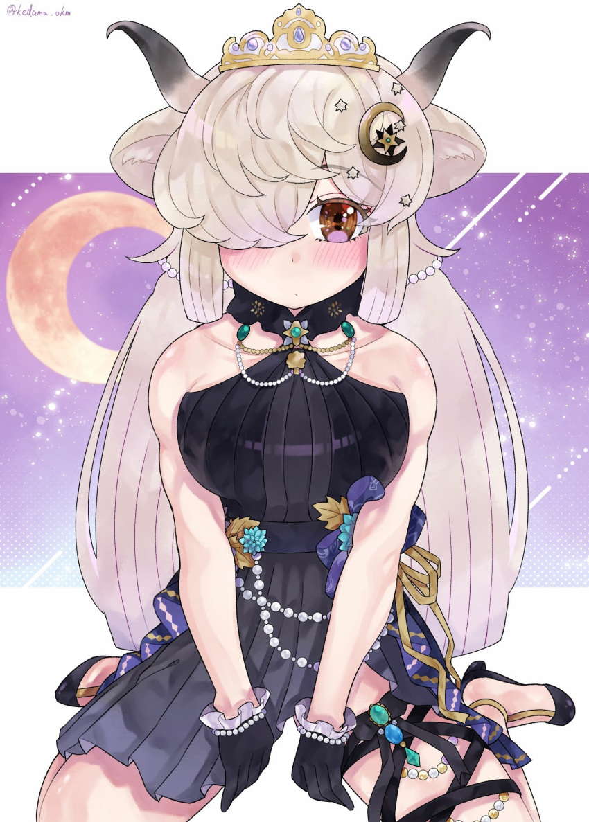 1girl bare_shoulders black_dress black_footwear black_gloves blush brown_eyes commentary crescent crescent_hair_ornament dress frilled_gloves frills gloves hair_ornament hair_over_one_eye high_heels highres jewelry kedama_(ughugjydthjdf) kemono_friends kemono_friends_3 long_hair necklace official_alternate_costume ox_ears ox_girl ox_horns pleated_dress sitting sleeveless solo tiara twintails wariza white_hair yak_(kemono_friends)