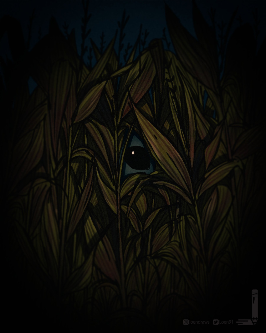 1other alien black_eyes black_sclera colored_sclera grass hiding highres horror_(theme) loen looking_at_viewer signs_(movie) solo tall_grass