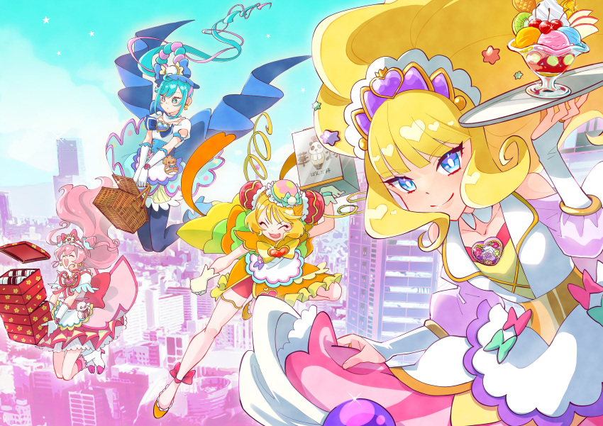 4girls absurdres apron bangs blonde_hair blue_eyes blue_hair blunt_bangs bridal_gauntlets brooch bun_cover city closed_eyes commentary_request cure_finale cure_precious cure_spicy cure_yum-yum delicious_party_precure drill_hair food_delivery_box fuwa_kokone gloves hanamichi_ran heart_brooch highres jewelry kasai_amane kome-kome_(precure) magical_girl monster_rally multiple_girls nagomi_yui pam-pam_(precure) parfait picnic_basket pink_hair plate precure side_ponytail smile twin_drills white_gloves wide_ponytail