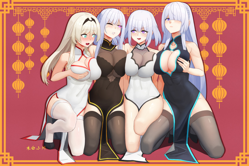 4girls absurdres ak-12_(girls'_frontline) ak-15_(girls'_frontline) an-94_(girls'_frontline) anger_vein black_thighhighs blonde_hair blue_eyes blush braid breasts breasts_squeezed_together china_dress chinese_clothes dress eyebrows_hidden_by_hair girls'_frontline glowing glowing_eye hair_over_one_eye hairband hebai_xiaochuan highres large_breasts long_hair multiple_girls one_eye_closed ponytail purple_eyes rpk-16_(girls'_frontline) thighhighs thighs white_hair white_thighhighs