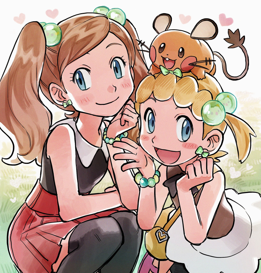 2girls :d bead_bracelet beads bike_shorts black_shirt black_thighhighs blonde_hair blue_eyes blush blush_stickers bonnie_(pokemon) bracelet brown_shirt closed_mouth commentary dedenne elizabeth_(tomas21) eyelashes hair_bobbles hair_ornament hands_up heart highres jewelry multiple_girls on_head open_mouth pleated_skirt pokemon pokemon_(anime) pokemon_(creature) pokemon_on_head pokemon_xy_(anime) red_skirt serena_(pokemon) shirt shoes skirt sleeveless sleeveless_shirt smile squatting symbol-only_commentary thighhighs twintails white_skirt