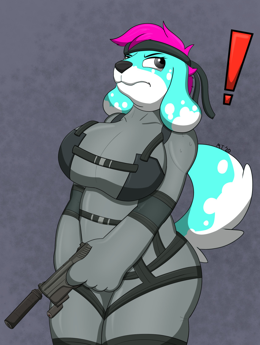 absurd_res anthro bandanna big_breasts blue_body blue_fur breasts bubbles_(sudsypup) canid canine canis domestic_dog exclamation_point female fur gun hair hi_res kerchief looking_away mammal markings metal_gear_(series) pink_hair ranged_weapon silencer sneaking_suit solo spots spotted_markings sudsypup tail weapon wide_hips