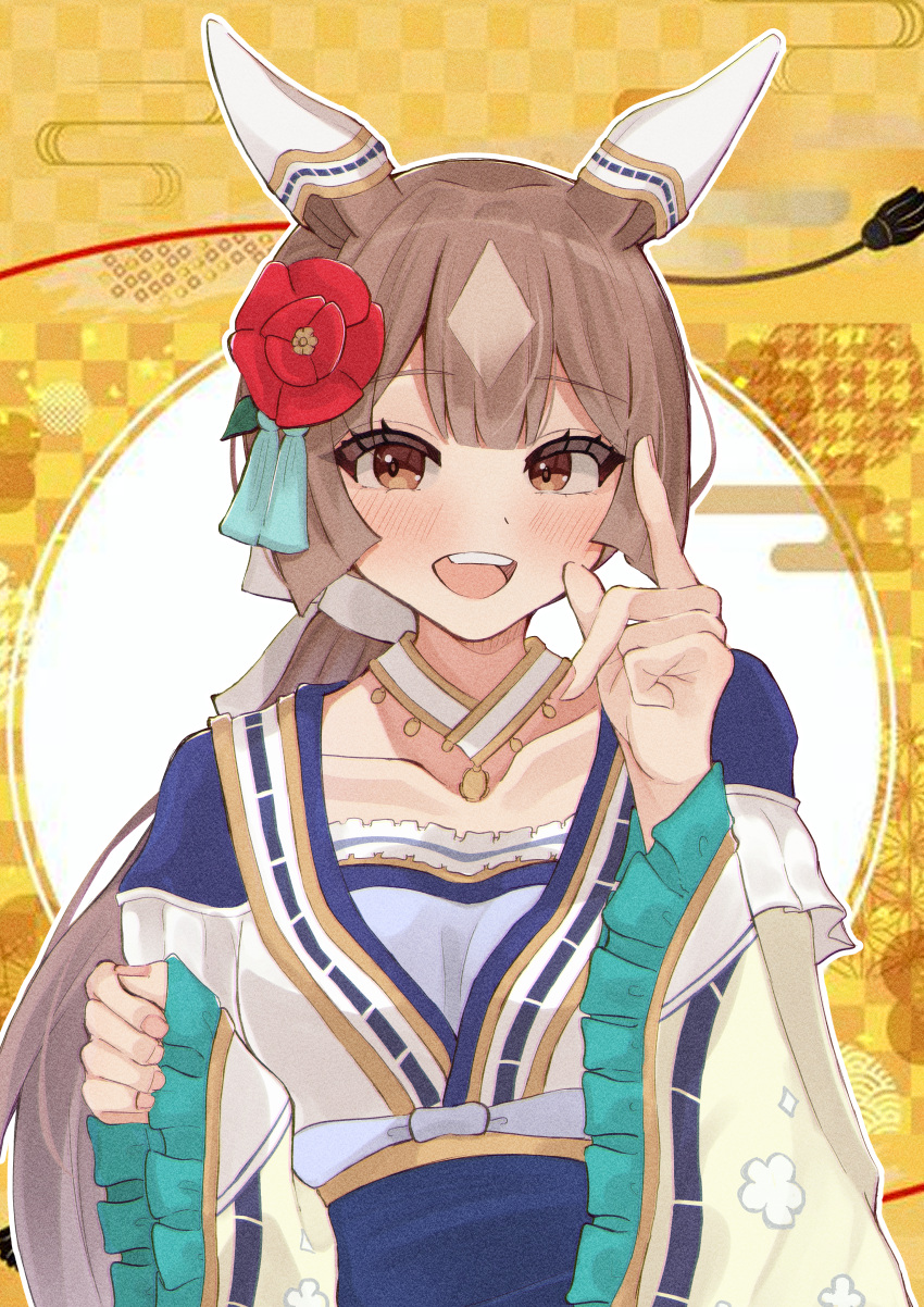 1girl absurdres brown_eyes brown_hair cherry_blossoms ear_covers flower hair_flower hair_ornament happy_new_future_(umamusume) highres horse_girl long_hair long_sleeves looking_at_viewer multicolored_hair new_year official_alternate_costume pointing pointing_up satesate4 satono_diamond_(floral_star_prosperous_green)_(umamusume) satono_diamond_(umamusume) smile streaked_hair teeth umamusume upper_teeth_only white_hair