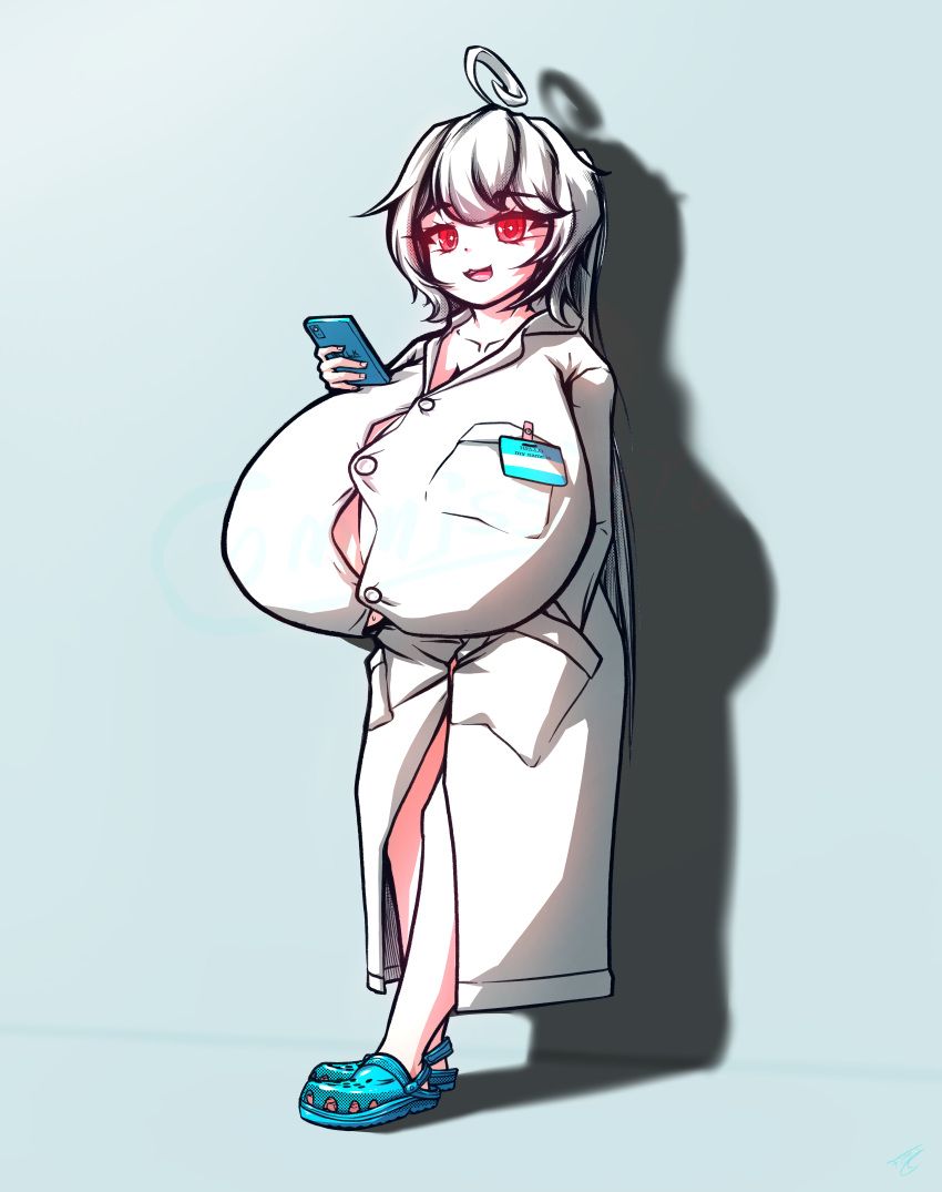 1girl :3 absurdres ahoge breasts buttons cleavage_cutout clothing_cutout collarbone commission crocs floofsmear hair_between_eyes highres holding holding_phone huge_breasts labcoat large_breasts leaning_back legs long_hair looking_at_viewer name_tag open_mouth original phone ponytail red_eyes self_upload shadow shirt shortstack smug white_hair