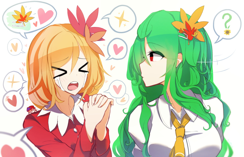 &gt;_&lt; 2girls ? aki_minoriko aki_shizuha alternate_hair_length alternate_hairstyle ascot blonde_hair blush breasts collared_shirt commentary crying dress green_hair hair_between_eyes hair_ornament heart jack-o'-lantern jack-o'-lantern_hair_ornament kaliningradg kazami_yuuka leaf leaf_hair_ornament long_hair looking_at_another maple_leaf medium_breasts medium_hair multiple_girls open_mouth own_hands_clasped own_hands_together red_dress red_eyes shirt short_hair simple_background sitting skirt spoken_heart spoken_object spoken_question_mark spoken_sparkle streaming_tears symbol-only_commentary tears touhou white_background white_shirt yellow_ascot