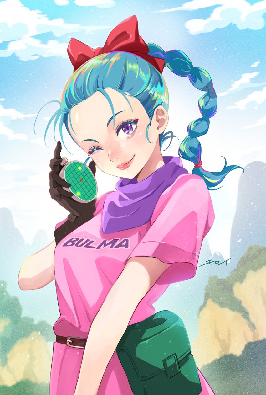 1girl ;) belt belt_buckle belt_pouch blue_hair blue_sky blurry blurry_background bow braid braided_ponytail brown_belt buckle bulma character_name closed_mouth clothes_writing cloud colored_eyelashes commentary_request compass day dragon_ball dragon_ball_(classic) dragon_radar dress eyelashes forehead hair_bow hair_tie hand_up highres holding lips long_hair moroi mountain one_eye_closed outdoors pink_dress pouch purple_eyes purple_scarf red_bow scarf shiny_hair short_sleeves signature single_braid sky smile solo standing